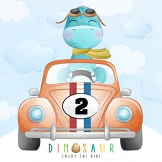 a cartoon dinosaur driving a car with the number two on it's front window