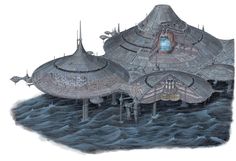 an artistic drawing of a floating city on the ocean