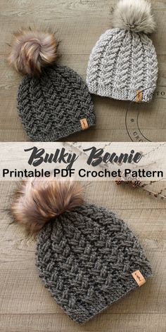 two knitted beanies with pom - poms on top, one in grey and