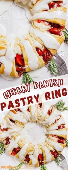 a pastry ring with icing and strawberries on it