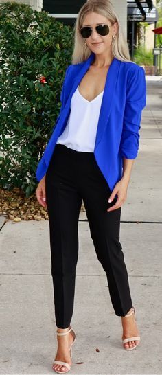 Blue Blazer Outfits For Women, Blue Sweater Outfit, Blue Blazer Outfit, Royal Blue Outfits, Blue Blazer Women, Vest Outfits For Women, Royal Blue Blazers