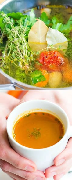 two pictures one with soup and the other with vegetables in it, both being held by hands