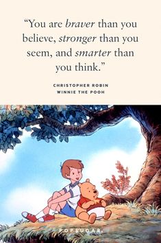 winnie the pooh and her teddy bear sitting under a tree with an inspirational quote on it