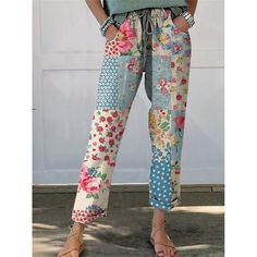 Patchwork Art, Patchwork Pants, Casual Linen Pants, Linen Casual, Loose Fitting Dresses, Trouser Pants Women, Vintage Floral Print, Retro Floral, White Summer