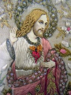 an image of jesus with flowers on his chest and hands in his pockets, surrounded by beads