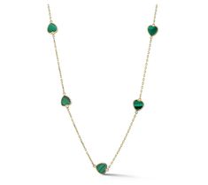 Add a touch of elegance and charm to your look with the Malachite Heart Station Necklace. Crafted in 14K gold, this exquisite piece showcases five bezel-set malachite hearts on an oval link chain, offering a blend of sophistication and romance. From Luminosa Gold. Elegant Oval Malachite Necklace, Malachite Gemstone Necklace For Gift, Elegant Yellow Gold Malachite Necklace, Unique Malachite Necklace Gift, Luxury Gold Malachite Necklace, Malachite Heart Necklace, Station Necklace, Bezel Setting, Link Chain