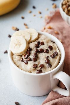 a banana mug cake with chocolate chips in it