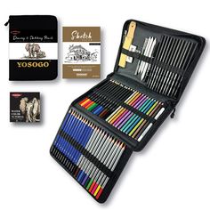 a large pencil case filled with assorted colored pencils and an artist's kit