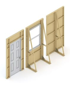 an open door and two closed doors on a white background