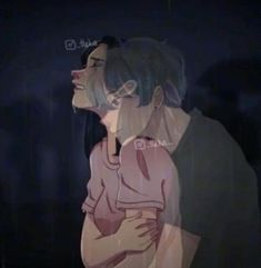 a man and woman standing next to each other in the dark with their eyes closed