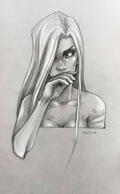 a pencil drawing of a woman with long hair holding her hand up to her face