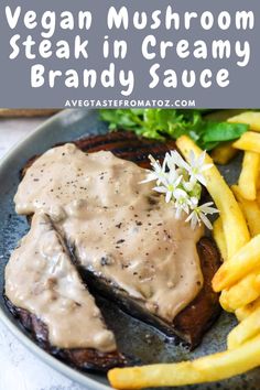 steak with gravy and french fries on the side is shown in this image