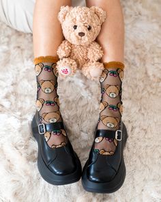 Teddy Bear Ruffle Socks - Cute Japanese Socks – Sock Candy Sock Teddy, Ruffle Sock, Desert Disco, Black Sheer Fabric, Bear Socks, Ruffle Socks, Sock Set, Ruffled Socks, Pointy Heels