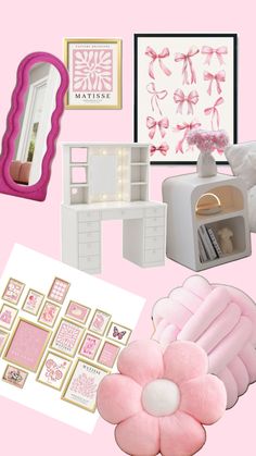 a collage of pink and white items including a bed, desk, mirror, dresser