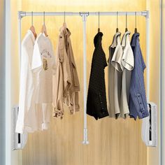 there is a rack with clothes hanging on it and two coats hang from the hooks