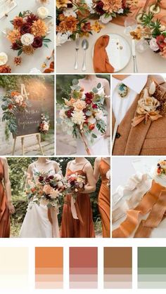 wedding color palettes with orange, brown and white flowers on the top right side