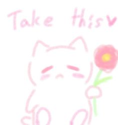 a drawing of a cat holding a flower with the words take this view on it