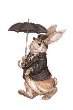 a drawing of a rabbit wearing a suit and holding an umbrella