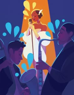 an illustration of a woman singing into a microphone while two men play music behind her