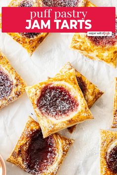 puff pastry jam tarts with powdered sugar on top and text overlay that reads puff pastry jam tarts