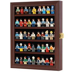 a wooden display case filled with lego minifigure figurines on shelves