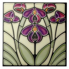 a stained glass window with purple flowers on it