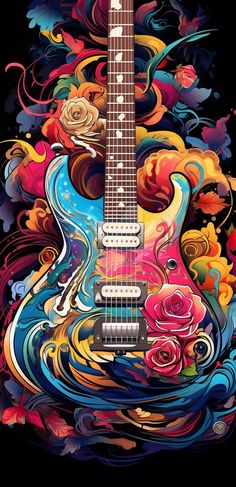 an electric guitar with colorful flowers and swirls on the body, in front of a black background