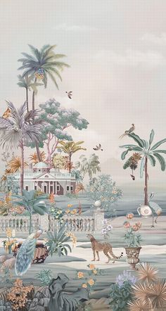 this is a painting of a tropical scene with palm trees, flowers and other things