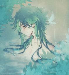 a woman with green hair standing in the water