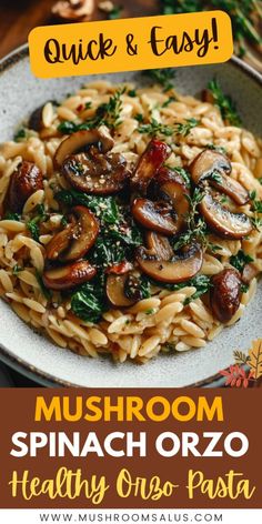 mushroom spinach orzo pasta with mushrooms and parsley on top