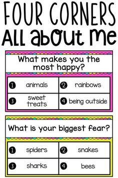 four corners all about me worksheet with the words what makes you the most happy?