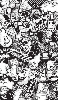 black and white drawing of many cartoon characters