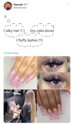 some pink nails and fake eyelashes on top of each other with the caption that says,