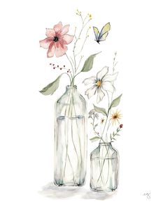 two clear vases with flowers in them and a butterfly flying over the top one