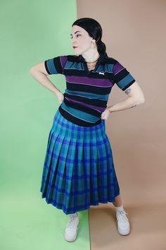 Women's vintage 1980's Miss Pendleton, Made in USA label midi length pleated wool plaid print skirt in blue, green, and pink colors. Plaid Print Skirt, Blue And Green Plaid, Live Forever, Wool Skirt, Green And Pink, Wool Skirts, Print Skirt, Wool Plaid, Green Plaid