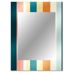 a square mirror with an orange, blue and green stripe pattern on the bottom half