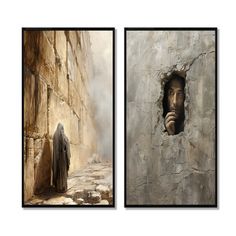 two pictures of people looking through holes in the wall, one with a man's head sticking out