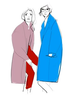 two people in coats standing next to each other, one holding the other's hand