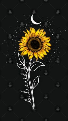 a drawing of a sunflower on a black background with the moon in the sky