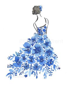 a watercolor painting of a woman in a blue dress with flowers on her skirt