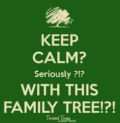 a green poster with the words, keep calm? seriously? with this family tree