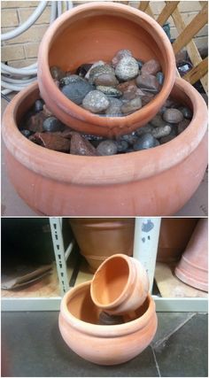 there are two pots with rocks in them and one is filled with water, the other is empty