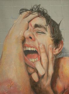 a painting of a man holding his hands up to his face while laughing and covering his eyes