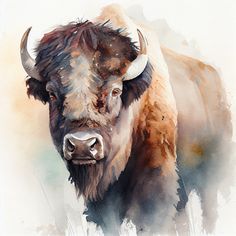 a watercolor painting of a bison with large horns