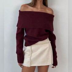 Off-The-Shoulder Pullover Sweaterwhere Laid-Back Luxe Meets Effortless Charm. Crafted From The Softest Knit Fabric, This Sweater Drapes Beautifully With Its Relaxed Fit And Off-The-Shoulder Neckline, Offering A Peek Of Playfulness. The Subtle Ribbed Detailing And Slightly Ballooned Sleeves Add A Touch Of Elegance, Making It Perfect For Cozy Nights Or Casual Outings. Pair It With Jeans For A Chic Day Look Or Dress It Up With A Skirt For Evening Ease. Medium Stretch Off The Shoulder Neckline Soft Recycled Sweater, Pull Over Sweater, Easy Winter Outfit, Long Sleeve Knit Sweaters, Winter Outfits Women, Cozy Fashion, Womens Fall, Soft Knits, Elegant Style