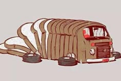 a drawing of a truck with slices of bread in the back and on the front