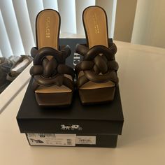 Size 10 Have In Different Colors -Maple -Beechwood -Black -Chalk New In Box, Never Worn $100/Pair Designer Brown Mules With Padded Heel, Brown Round Toe Mules For Party, Designer Brown Mules For Evening, Luxury Brown Mules For Party, Luxury Leather Coach Heels, Luxury Coach Leather Heels, Luxury Coach Open Toe Heels, Coach Brown High Heel Sandals, Coach Brown Heels With Branded Insole