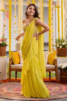 Sunshine yellow pre-draped saree with embroidered border. Paired with glass bead, sequin, cutdana embroidered blouse. - Aza Fashions Bridal Saree Indian, Haldi Outfit For Bride Saree, Pre Draped Saree Designs, Pre Draped Saree Indian Weddings, Haldi Function Outfit Ideas, Sari For Haldi Function, Haldi Saree Outfit, Haldi Saree Look For Bride, Haldi Guest Outfit