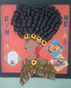 a woman with sunflowers on her head and other items around her neck, sitting in front of a bulletin board