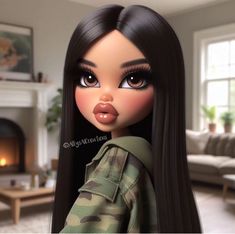 a very cute looking doll with long black hair and big eyes in a living room